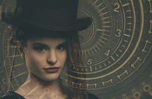 Lady Time Lord in top hat in front of giant clock