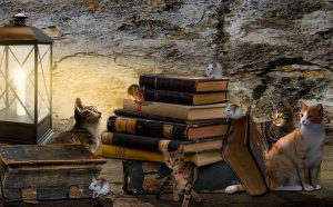 Cats and mice frolic among books by the light of an old-fashioned candle lantern.